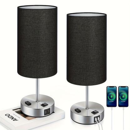 Dimmable Table Lamps With USB Charging Ports & AC Outlet, 3-Way Switch Control Bedside Nightstand Lamps, Wood/Metal Base, Modern Desk Lamps For Bedroom, Living Room, Office, Bulbs Included (1/2 Pack)
