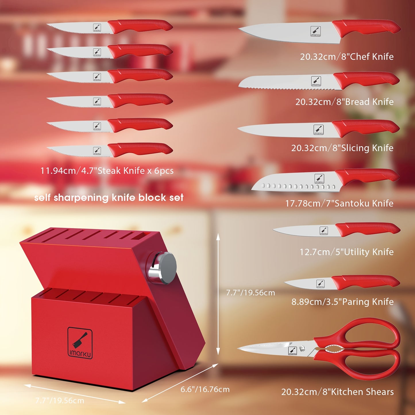 imarku Knife Set with Block, Sharp Knife Set with Built-in Sharpener, Japanese Stainless Steel Kitchen Knife Set with Non-Slip Ergonomic Handle, Dishwasher Safe, Best Holiday Gifts, Upgraded Red Knife Set, 14pcs
