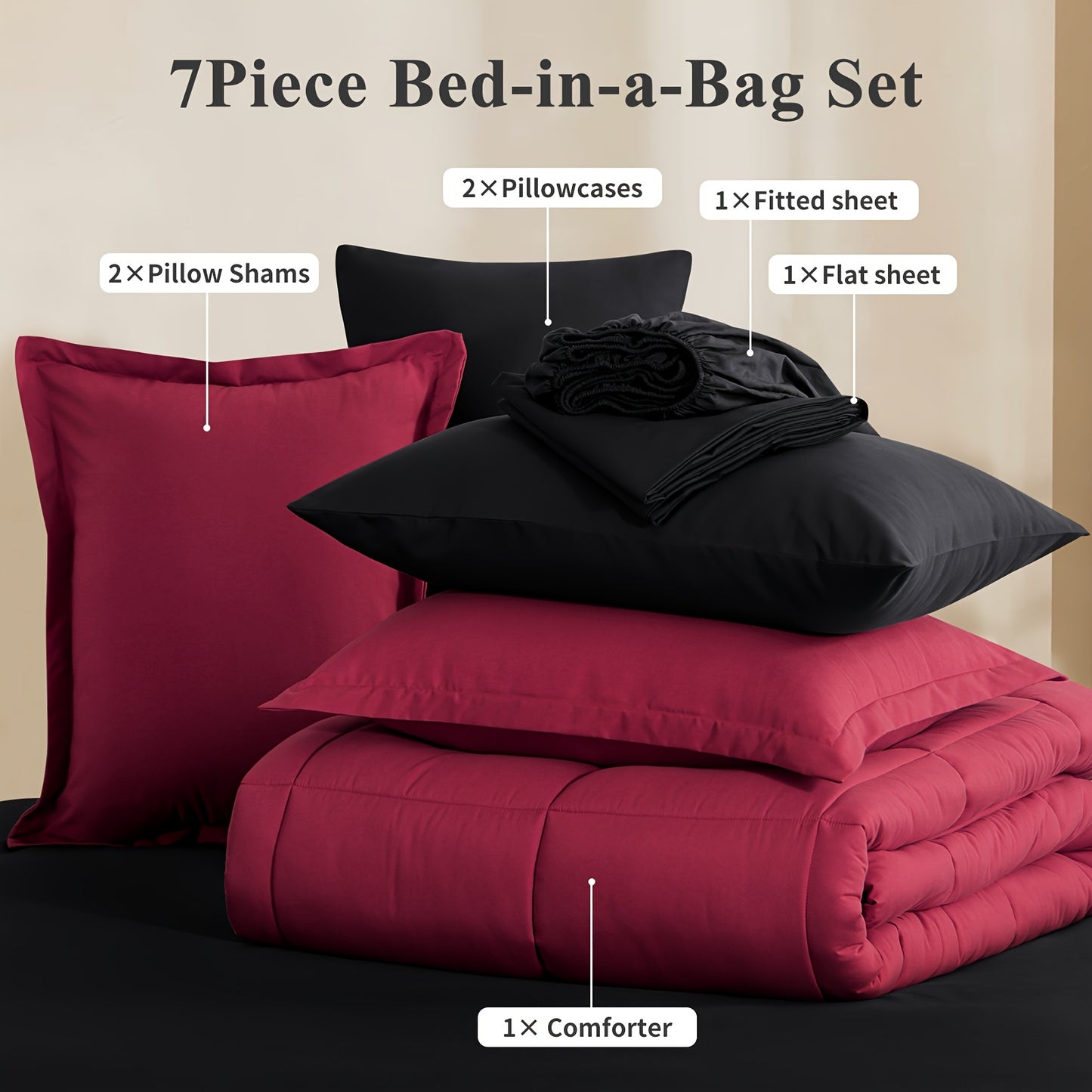 7pcs Comforter Set-Luxury Soft Fluffy Bedding With 1 Comforter, 1 Fitted Sheet, 1 Flat Sheet, And 4 Pillowcases & Pillow Cover-All Season Quilte Set Queen, Hypoallergenic, Breathable, Easy Care, Valentine'S Day Bed In A Bag, Gifts For Her