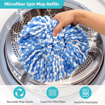 6 Pack Spin Mop Replacement Head Blue, 1*Scrub Brush And 1*Base, Microfiber Spin Mop Head, Machine Washable, Deep Cleaning For Floor, House, Kitchen