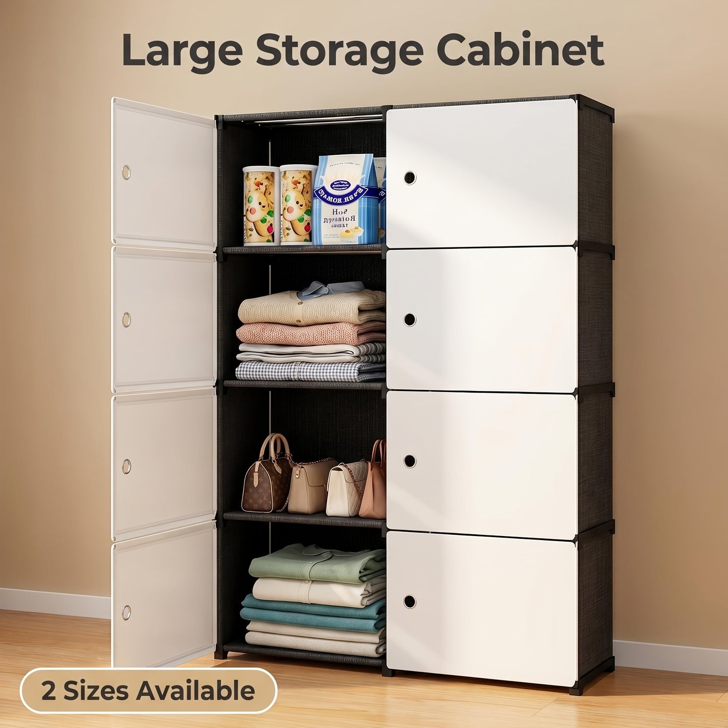 Modular Storage Cabinet, 3-Tier & 4-Tier Magnetic Door Wardrobe Organizer, Large Capacity Stable Load-Bearing Dust-Proof Odor-Free Closet Organizer, Easy To Assemble For Bedroom Dorm Apartment Living Room, Trunks
