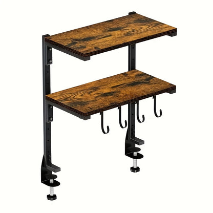 2-Tier Desktop Storage Shelf – Heavy-Duty Carbon Steel Desk Organizer, Adjustable Space-Saving Rack with Rustic Brown Finish, No Tools Needed, for Home Office Desk Workshop Workspace