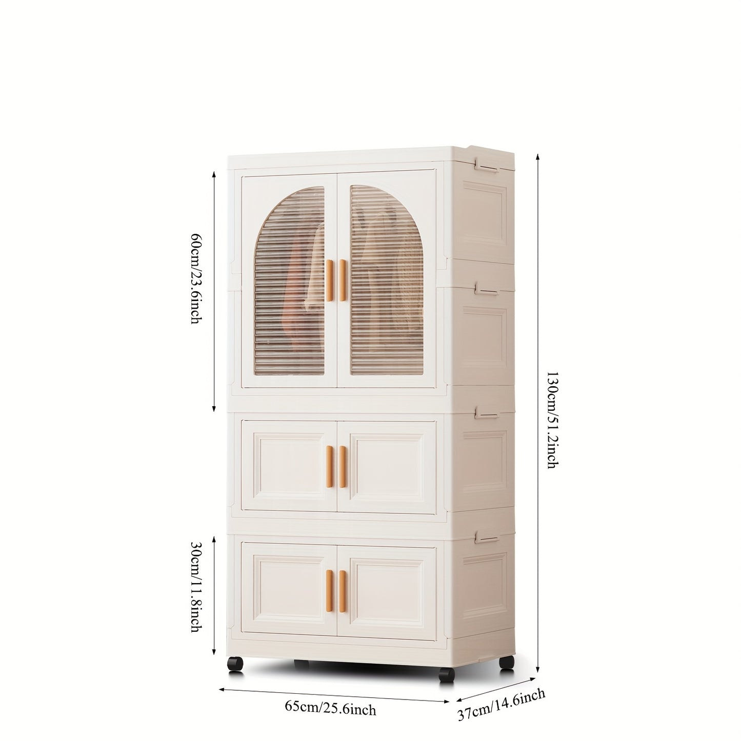 Storage Bins, 25.6" Side Wide Folding Wardrobe, 25.6" X 14.6" X 63" with Magnetic Door, Plastic Storage Cabinet on Wheels (One Wardrobe Level And Three (Or Two) Folding Boxes And 10 Hangers And 4 Hooks)
