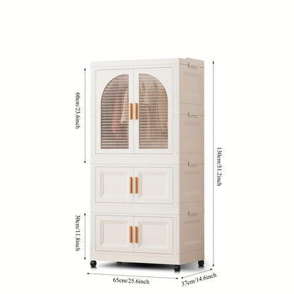 Storage Bins, 25.6" Side Wide Folding Wardrobe, 25.6" X 14.6" X 63" with Magnetic Door, Plastic Storage Cabinet on Wheels (One Wardrobe Level And Three (Or Two) Folding Boxes And 10 Hangers And 4 Hooks)