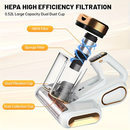 Mattress Vacuum Cleaner, with 16 Kpa Suction Power, Dual Cup Portable Handheld Vacuum Cleaner with 253.7 Nm UV Lamp And 80000Rpm Rotating Soundwave Technology Technology, for Cleaning Beds/Fabric Sofas/Carpets