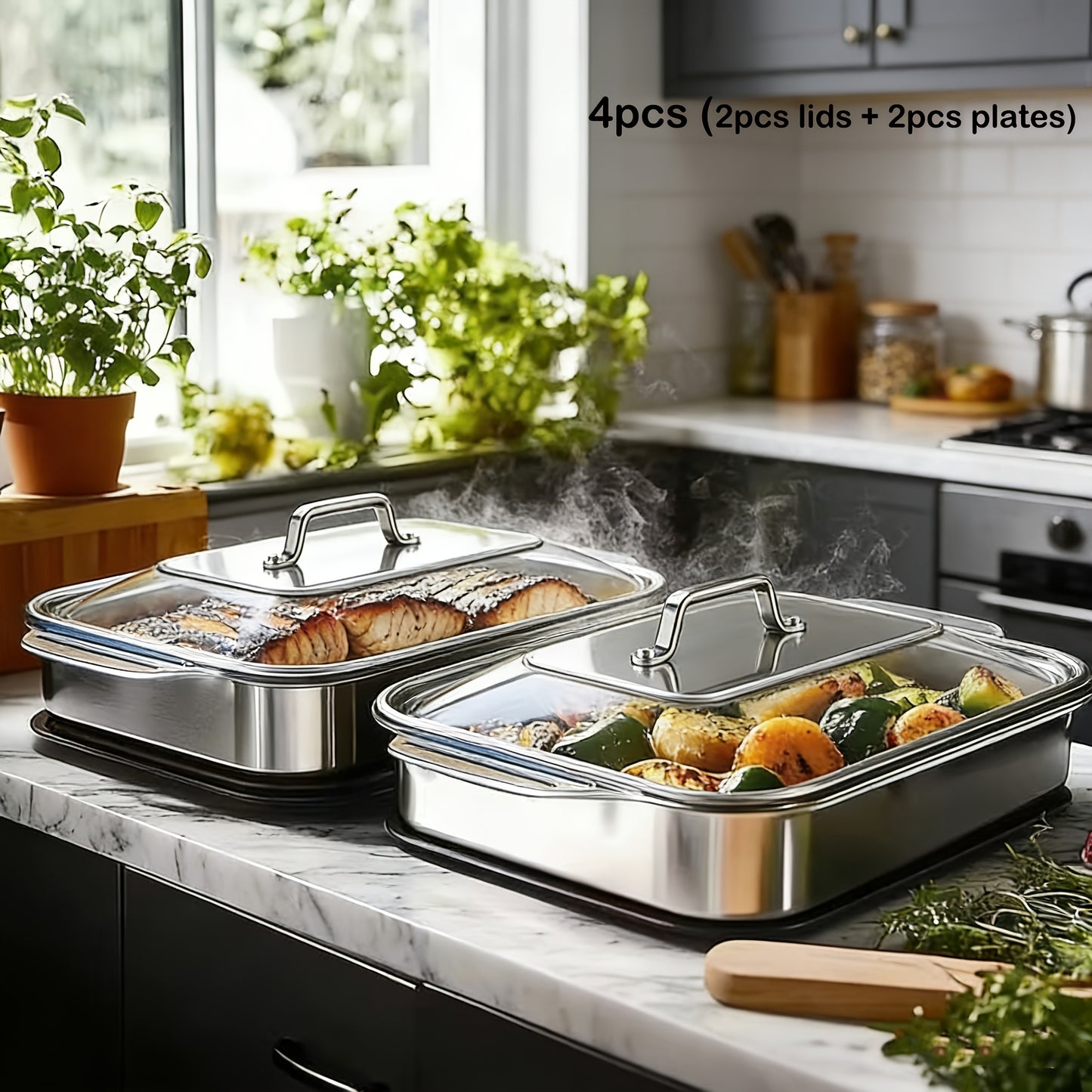 4/8pcs Extra-large Heavy-duty Stainless Steel Baking Sheets, 4/8pcs Set with Lids. Oven Trays, Large-capacity Multi-purpose Heating Trays, And Roasting Pans. Non-stick, Thickened Rectangular Baking Pans, Ideal for Baking Desserts, Bread, And Seafood