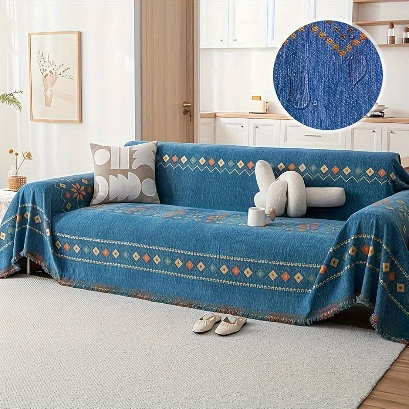 1pc Bohemian Sofa Cover with -Style Embroidery - Chenille Fabric Fit for Single/Double/Triple/Quad Sofas, Sofa Compatible for -Section Couches, Machine Washable (No Padding)