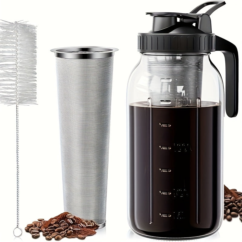 64oz Cold Brew Coffee Pot with Filter And Brush, Household Coffee Pot, Household Mason Pot, Kitchen Bar Restaurant Special Cold Pot, Professional Filtering Coffee Pot, Large Capacity Glass Kettle, Including Stainless Steel Filter Coffee Pot