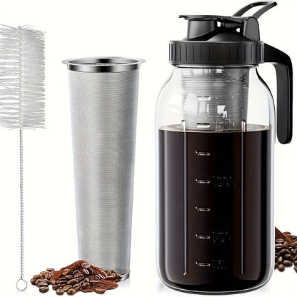 64oz Cold Brew Coffee Pot with Filter And Brush, Household Coffee Pot, Household Mason Pot, Kitchen Bar Restaurant Special Cold Pot, Professional Filtering Coffee Pot, Large Capacity Glass Kettle, Including Stainless Steel Filter Coffee Pot
