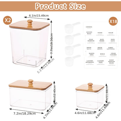 Containers for a Set of Four Laundry Pods, Designed for Storing Laundry Detergent And Organizing The Laundry Area, Complete with Lids, Scoops, And Labels for Detergent, Dryer Balls, And Bead Containers