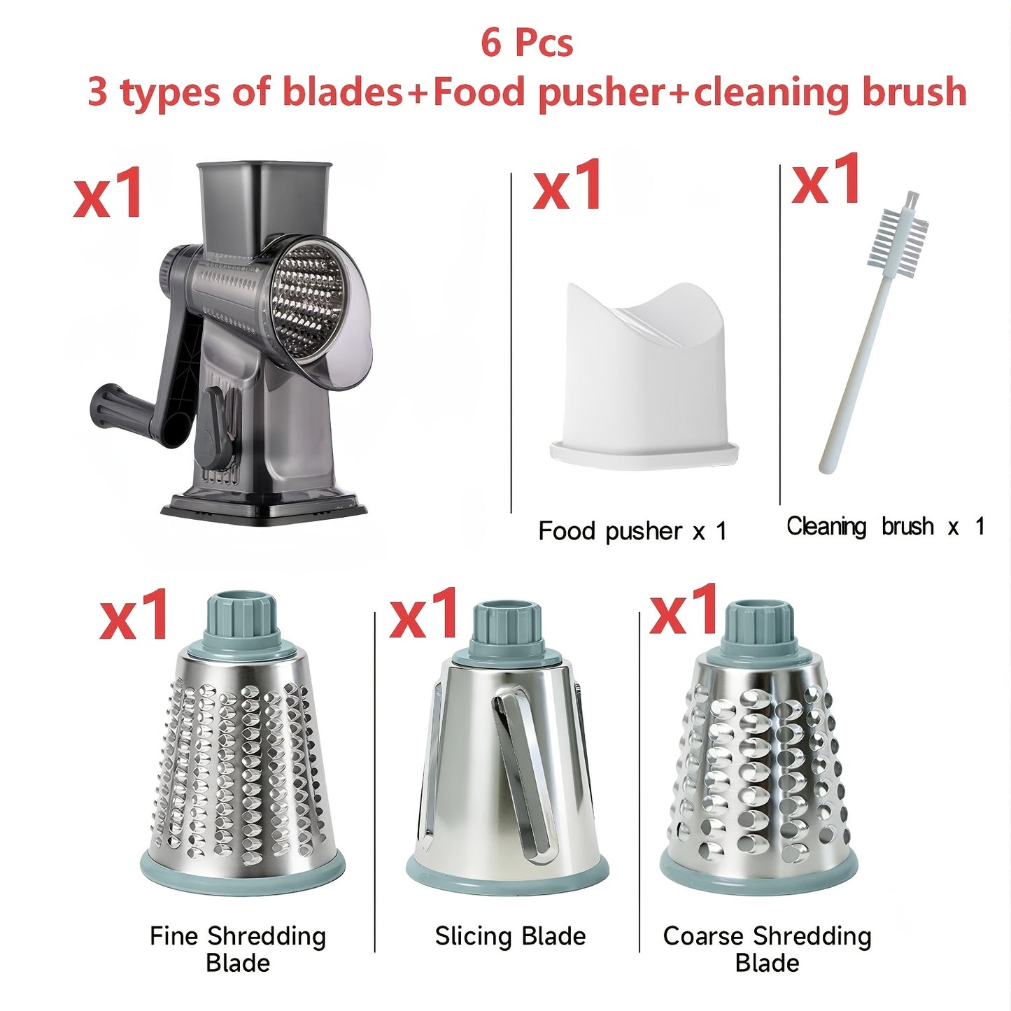 Rotary Vegetable Chopper & Cheese Grater, Multifunctional Cheese Grater Manual Food Slicer with 3 Replaceable Blades, Strong Suction Base, Ergonomic Handle for Nuts, Vegetables, Kitchen Manual Cheese Grater with Handle, Nuts Grinder