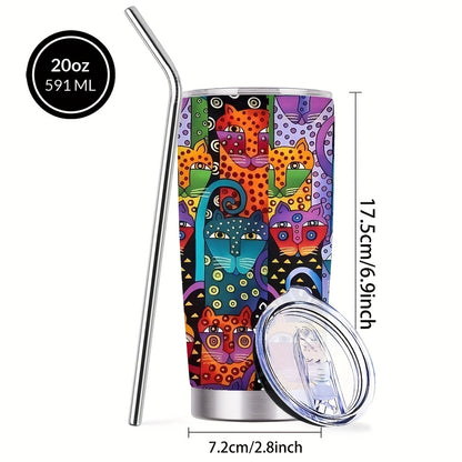 Abstract Cat Graphic Coffee Mugs, 304 Stainless Steel Insulated Tumbler with Lid & Straw, Beverage Container & Travel Cup for Hot & Cold Drinks, 20oz Camping Drinkware, Ideal Gift for Birthday, Parties, Holiday, Halloween, Christmas, Thanksgiving Day