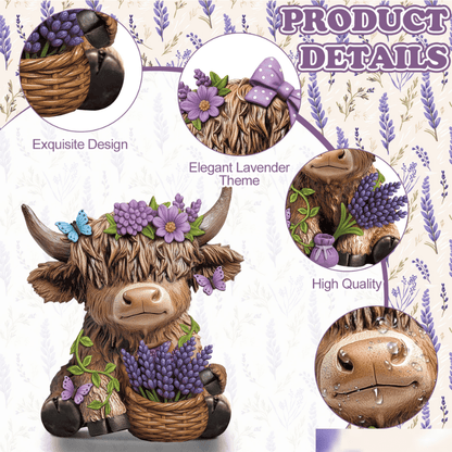 2pcs Scottish Highland Cow Figurines with Lavender - Resin Calf Statue Suitable for Home Garden Office Decor, Spring Table Centerpiece, Scottish Gnome Gifts for, Shelf Tray Display, Lavender-Themed Scottish Cow Statues