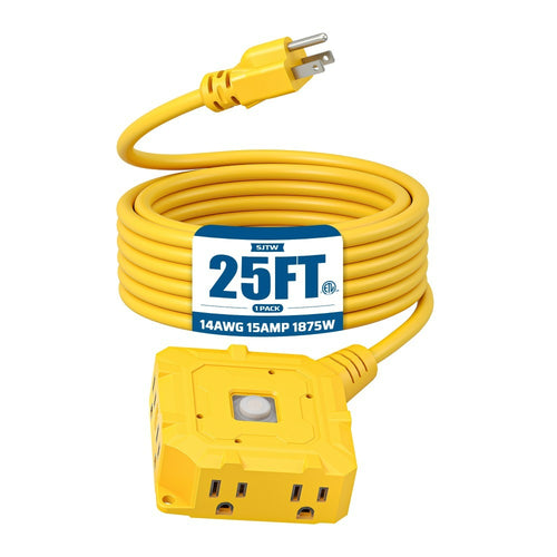 For Workshop Equipment/Christmas Lights - 25ft Heavy Duty 6-Outlet SJTW 14AWG Power Cord with Protective Cover & Switch