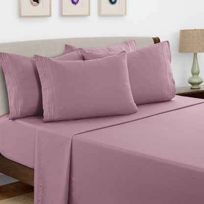 Lux Decor 6 Pieces Solid Bed Sheets Set - Modern Soft Comfortable Bedding Set, Hotel Luxury Skin Friendly Cooling Sheets & Embroidered Pillowcases Without Filler - All Seasons Bed Sheet with 16 Inches deep Pocket, Breathable Skin Friendly & Cooling Sheets