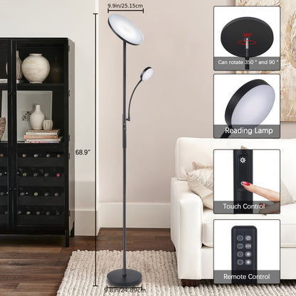 Dual-Function LED Floor Lamp, Featuring a 27W/2300LM Main Light And a 7W/350LM Reading Light, with Four Adjustable Color Temperatures. This Dimmable Torchiere Standing Lamp Includes Remote And Touch Control, Suitable for Home And Office Use
