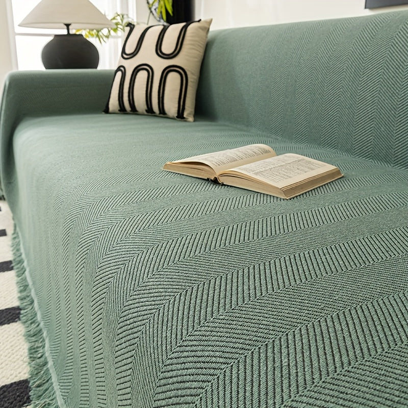 1pc of Herringbone Patterned Solid Color Sofa Cover, a Modern And Versatile Throw for Sofas, Designed to Be with Tassels, Made from Washable Polyester Fabric, Suitable for Single, Double, Triple, And Quadruple-Seater Sofas