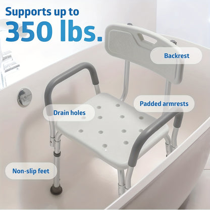 Heavy-Duty Shower Chair with 350 lb Weight Capacity - Adjustable Bath Seat, Non-Slip Base & Padded Armrests/Back - Lightweight Frame Bathtub for,, for inside Shower Use (Easy Assembly)