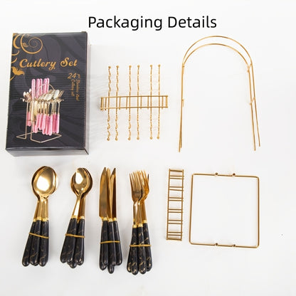 Thickened Marbled Hot Stainless Steel Tableware 24pcs Gift Box Storage Rack Western Steak Knives, Forks And Spoons