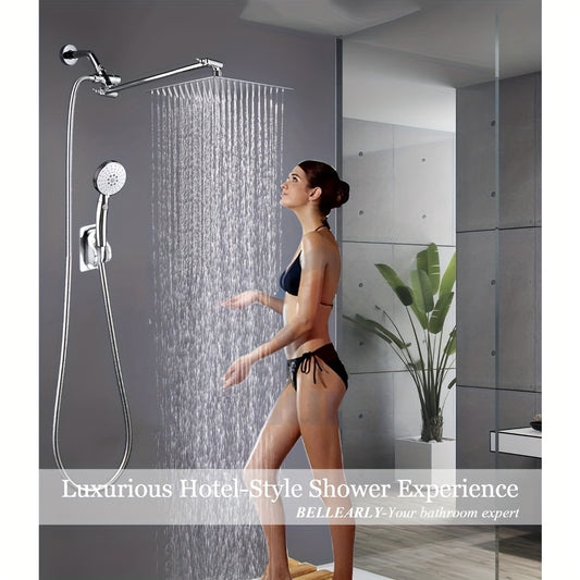 High Pressure Rainfall Shower Head Handheld Combo 4-Spray Modes 10 12 Inch Adjustable Extension Arm 78-Inch Hose Adhesive Holder Wall Mount Chrome Black Bathroom
