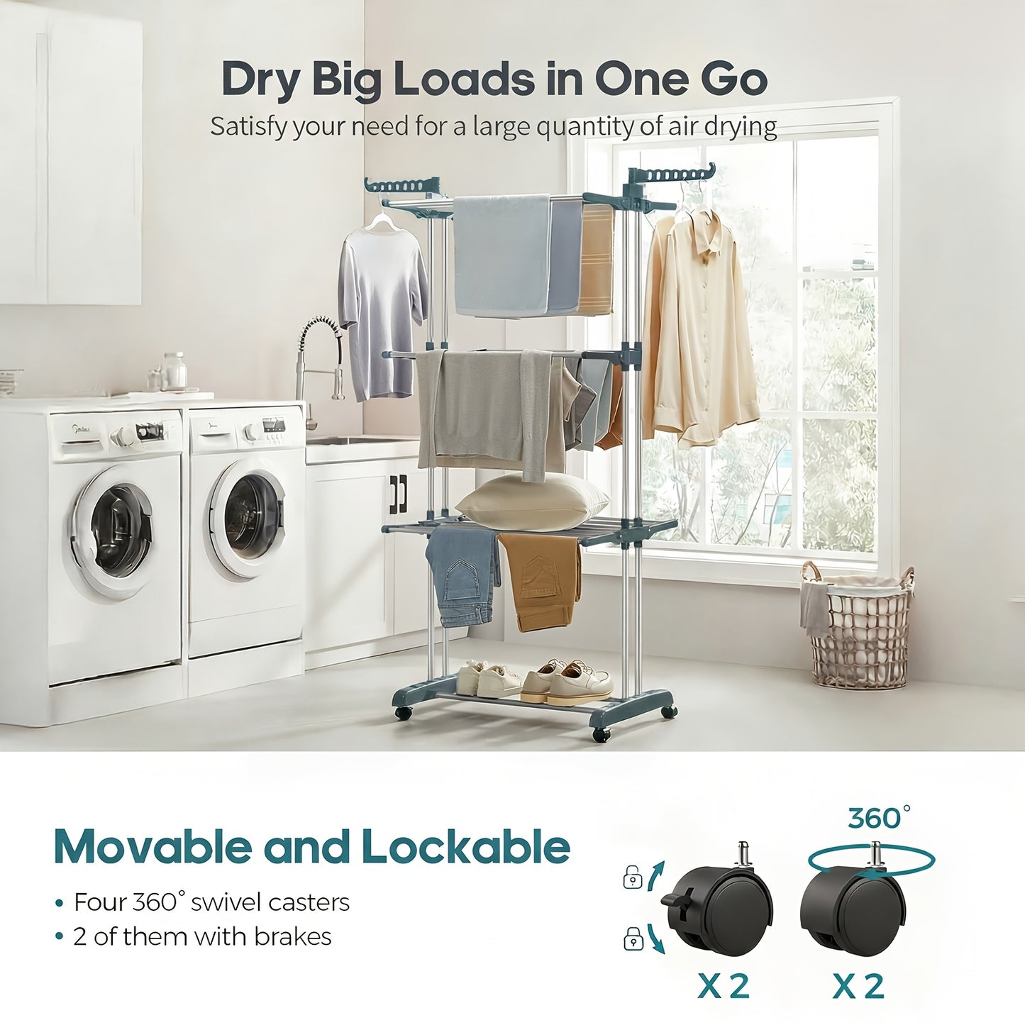4-Tier Large Clothes Drying Rack - Foldable Frame with Smooth Rolling Casters - Holds 30+ Garments & Adjustable Shelf Heights - Sturdy Metal Laundry Organizer for Small Spaces, Bathroom, Nursery, Drying Racks
