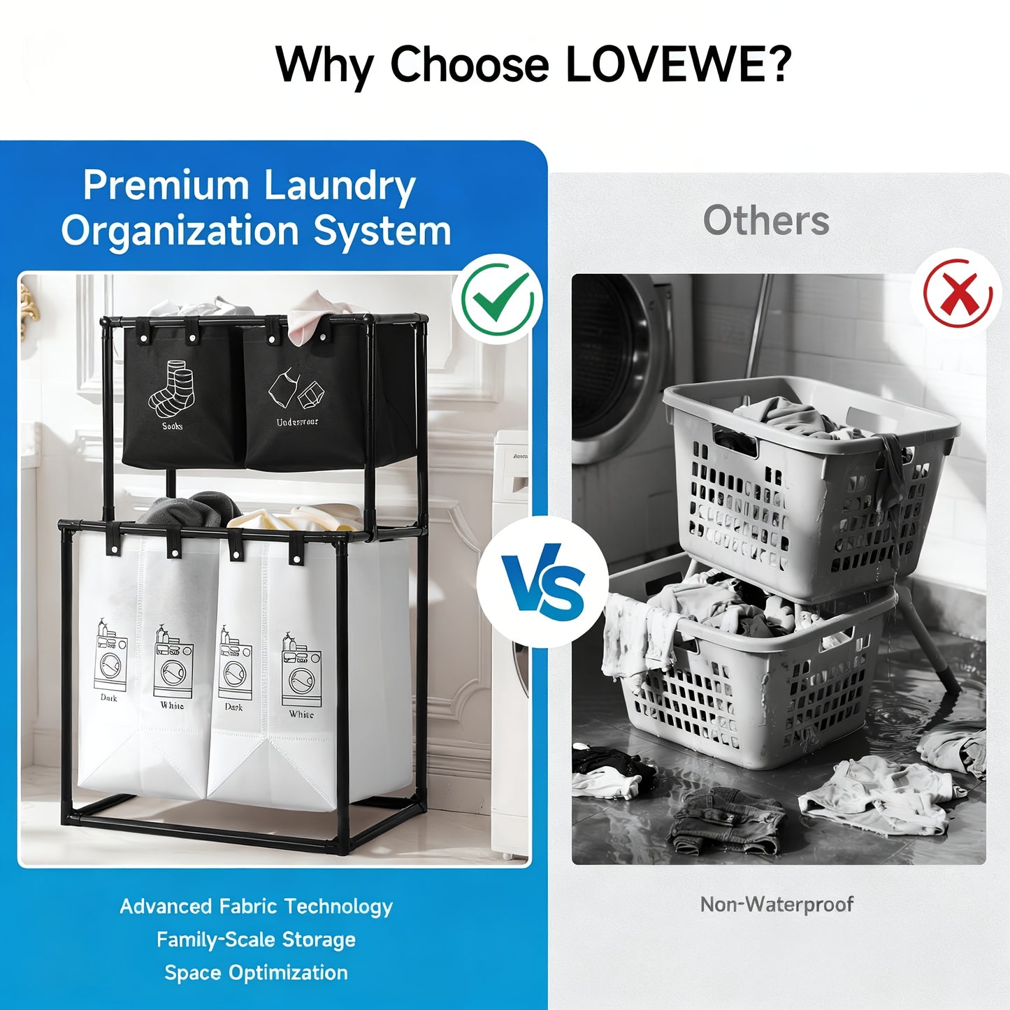 Double Laundry Basket with Removable Bins (No Wheels) - Collapsible 2-Tier Laundry Sorter - Oxford Fabric & Frame - Clothes Hamper for Kids, Adults, Travel, Add 10 Cable Ties for Securing
