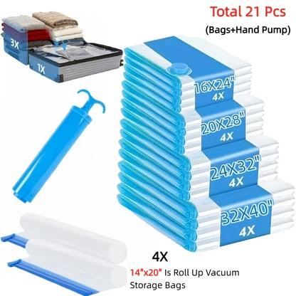 Vacuum Storage Bags with Air Pump - Suitable for Clothes, Quilts, and Blankets - Reusable Compression Storage Bags for Travel, Moving, and Organizing - Available in 4 Sizes: 4S, 157.48inch, 1.06gal, 4J - Includes 1 Air Pump - Pack of 21 and Pack