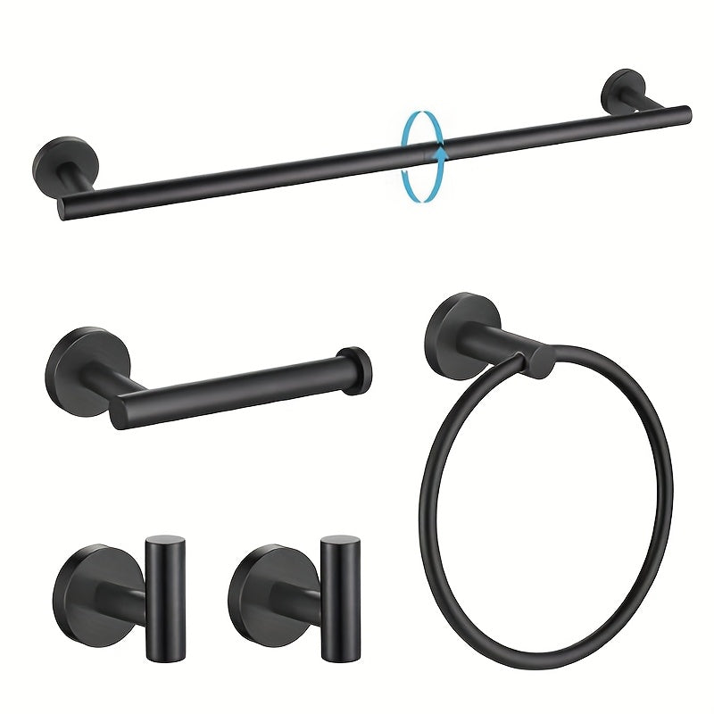 5pcs Bathroom Hardware Set - 24-Inch Towel Bar Set Includes: 1 24-Inch Bathroom Towel Rack, 2 Towel Hooks, 1 Towel Ring, And 1 Toilet Paper Holder - Black Wall-Mounted Bathroom Towel Rack. for Bathroom Shower And Remodeled Bathroom Closet, Kitchen