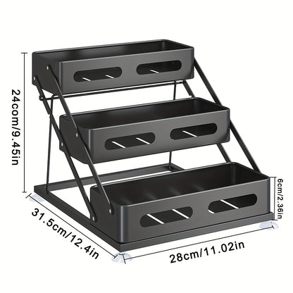 3-Tier Foldable Cast Iron Spice Rack Organizer with Safety Rails - Space-Saving Countertop & Cabinet Storage for Kitchen, Pantry - Durable Painted Finish, Holiday-Themed Design, Kitchen Spice Organizer, Space Saver, Sleek Metal Style, Sturdy Construction