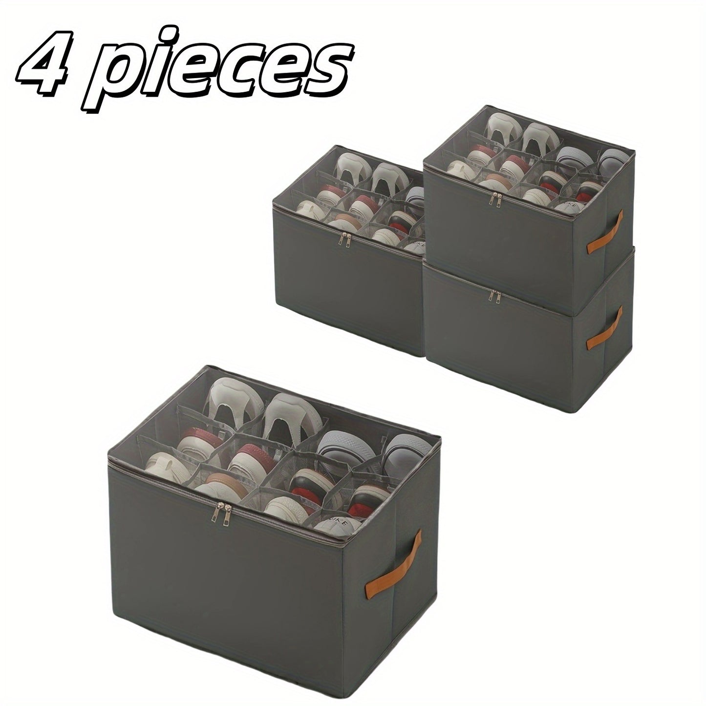 4/2pcs Oxford Fabric Space-Saving Shoe Storage Organizer, with Adjustable Dividers, Transparent Lid & Handles, Capacity for 12 Pairs, Foldable Design, Used for Shoes, Apparel & Accessories, Zippered Dustproof Closure, Trunks