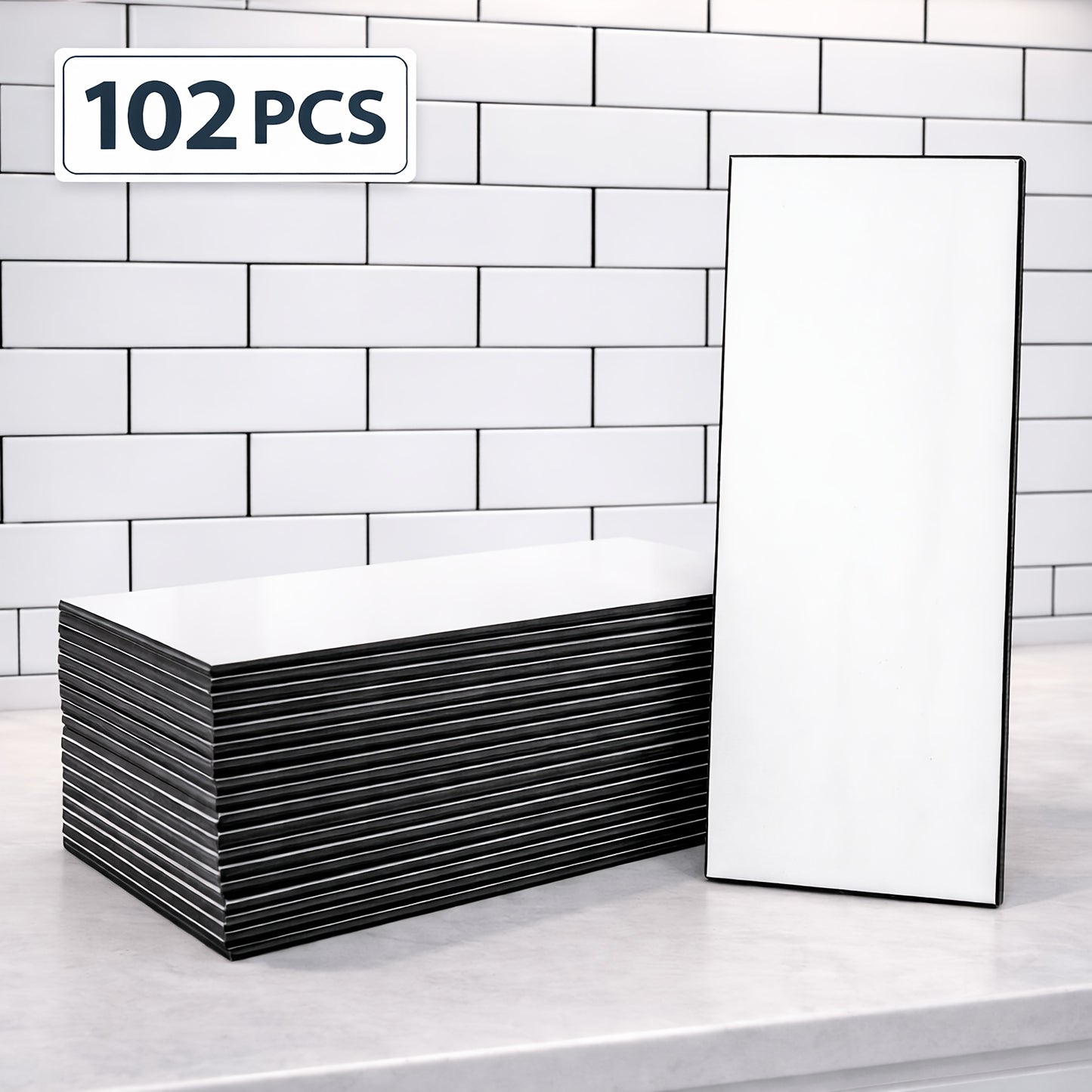 Peel and Stick Subway Tiles 102 Pieces 3x6 Inch Glossy White PVC Self Adhesive Kitchen Backsplash Bathroom Fireplace Wall Panels Waterproof Heatproof Scratch Resistant DIY Remodeling
