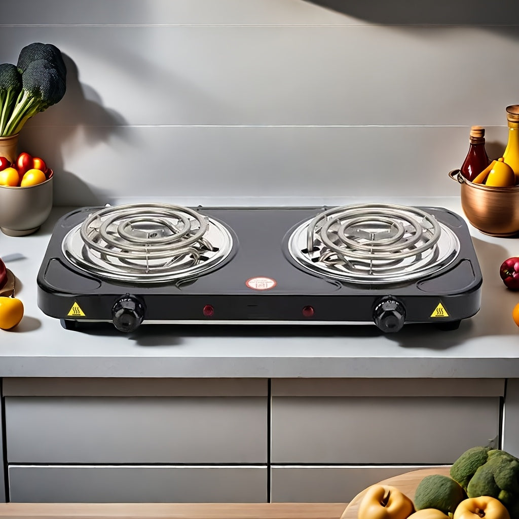 Portable Electric Stove Tabletop Double Burner – Adjustable Rotary Temperature Control, Compact Electric Charcoal Heater for Home, Office, Dorm, Camping, Milk & Coffee Heating, Black