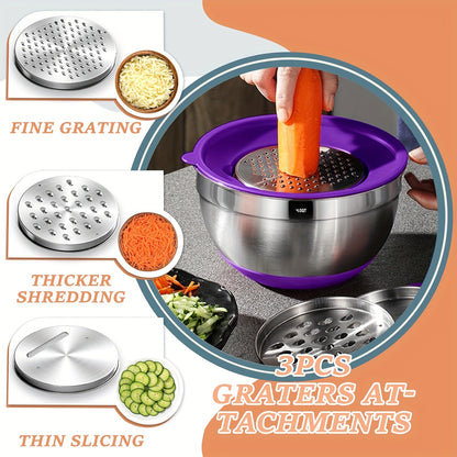 Mixing Bowls with Airtight Lids, 26pcs Stainless Steel Bowls Set, 3 Grater Attachments & Black Non-Slip Bottoms Size 7, 4, 2.5, 2.0, 1.5, 1QT, Great for Mixing & Serving