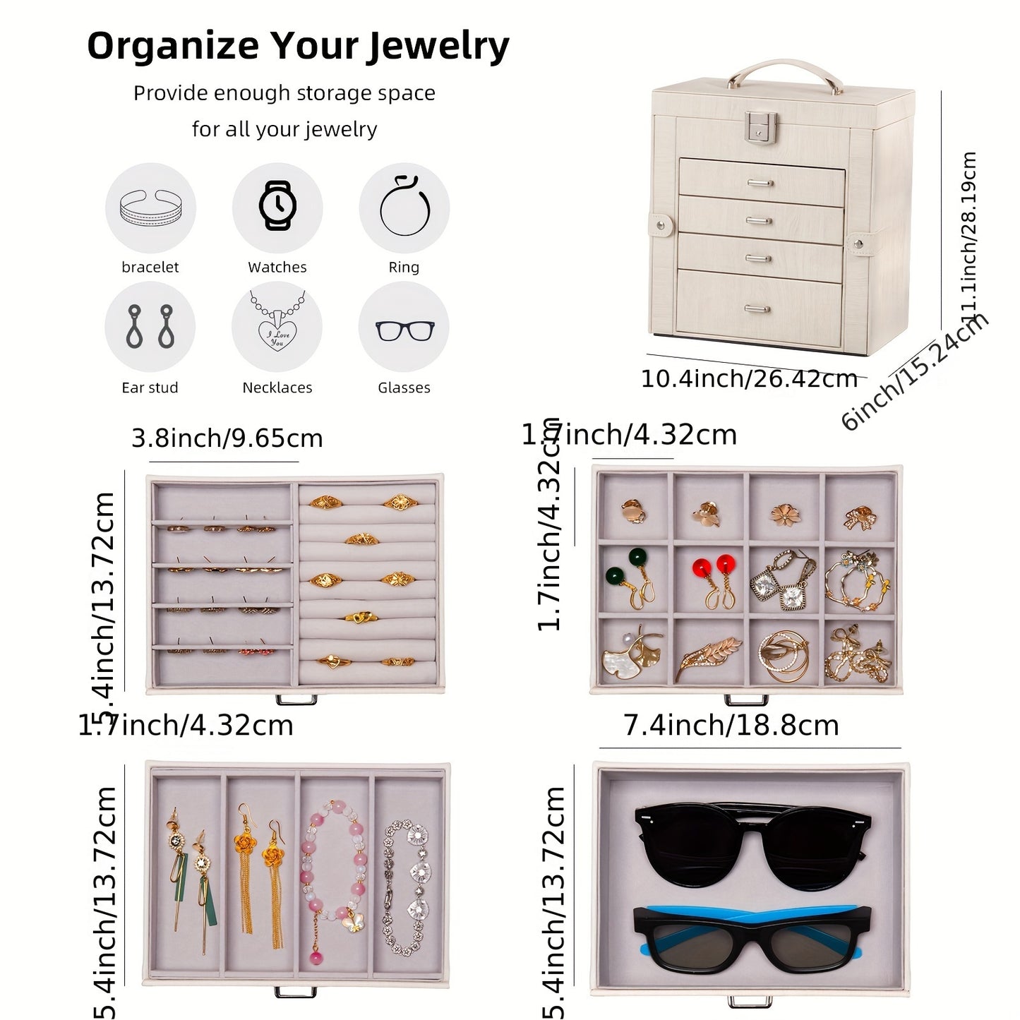 Large Jewelry Box, 5-Tier PU Leather Jewelry Organizer with Lock, Multi-Functional Storage Case with Mirror, Jewelry Organizer for Bracelets, Earrings, Rings, Necklaces, Mother'S Day, Jewelry Boxes