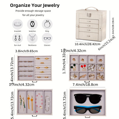 Large Jewelry Box, 5-Tier PU Leather Jewelry Organizer with Lock, Multi-Functional Storage Case with Mirror, Jewelry Organizer for Bracelets, Earrings, Rings, Necklaces, Mother'S Day, Jewelry Boxes
