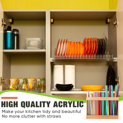 Wooden Straw Holder for Cabinet Door 9.8 Inch Acacia Wood Straw Dispenser Wall Mount Reusable Straw Storage Box for Kitchen Counter Cupboard Organizer