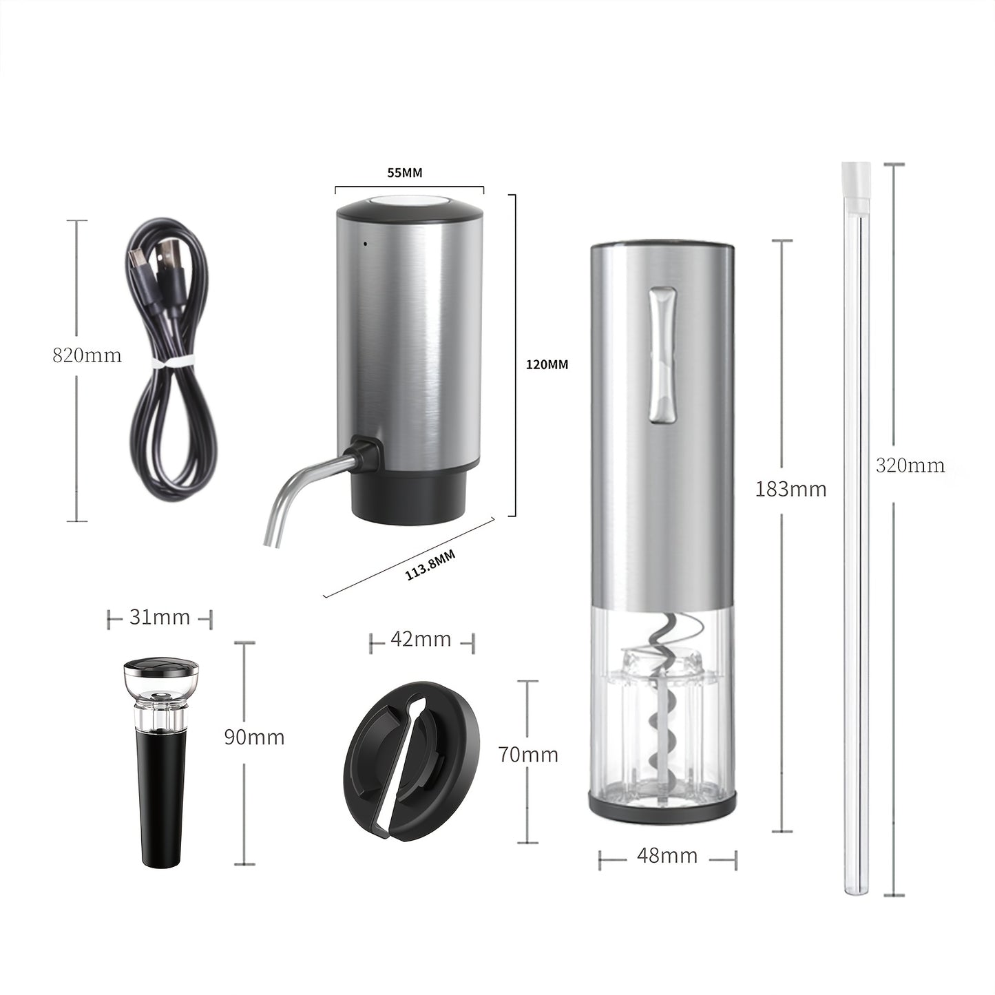 Electric Wine Opener Set - Automatic Rechargeable Corkscrew for Wine Bottles with Foil Cutter, Wine Aerator & Vacuum Stopper