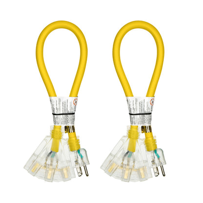 DEWENWILS 3 Gauge Tri-Tap Extension Cord Splitter (2-Pack) Heavy Duty Contractor Grade SJTW 15A with LED Lighted Plug, 2ft 12/ Yellow Jacket