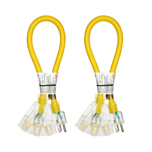 DEWENWILS 3 Gauge Tri-Tap Extension Cord Splitter (2-Pack) Heavy Duty Contractor Grade SJTW 15A with LED Lighted Plug, 2ft 12/ Yellow Jacket