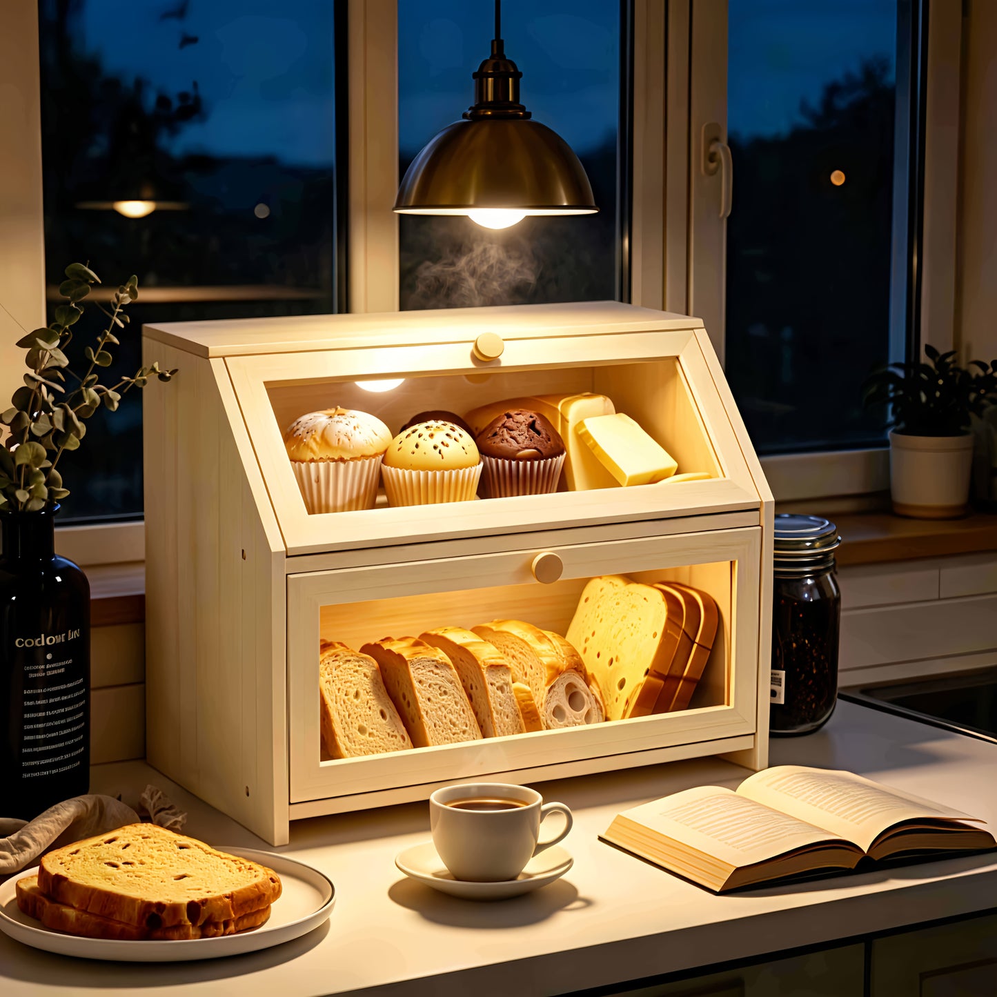 Layer Bread Storage Box | Kitchen Countertop Bread Box with Transparent Window | Large-Capacity Food Storage Container