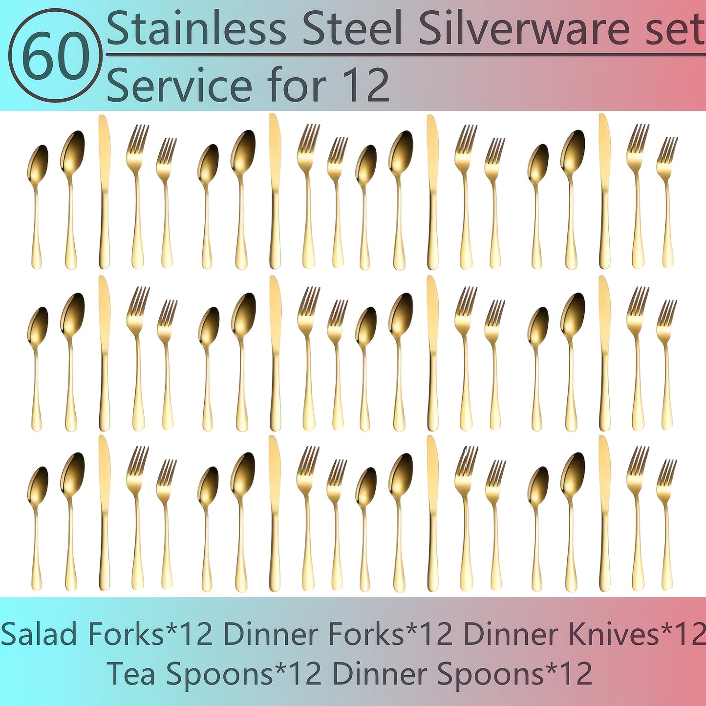 Flatware Set for 12, 60-Piece 304 Stainless Steel Cutlery Set with Mirror Polish & Titanium Plated Finish — Dishwasher Safe Silverware with Knife, Fork & Spoon | Silver, Gold & Rainbow