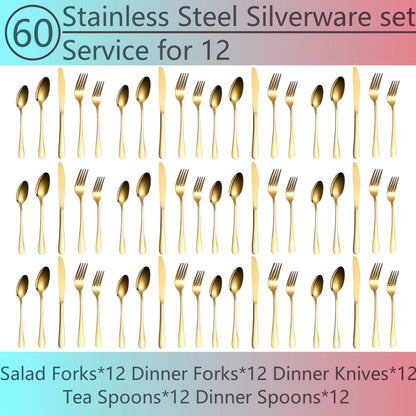 Flatware Set for 12, 60-Piece 304 Stainless Steel Cutlery Set with Mirror Polish & Titanium Plated Finish — Dishwasher Safe Silverware with Knife, Fork & Spoon | Silver, Gold & Rainbow