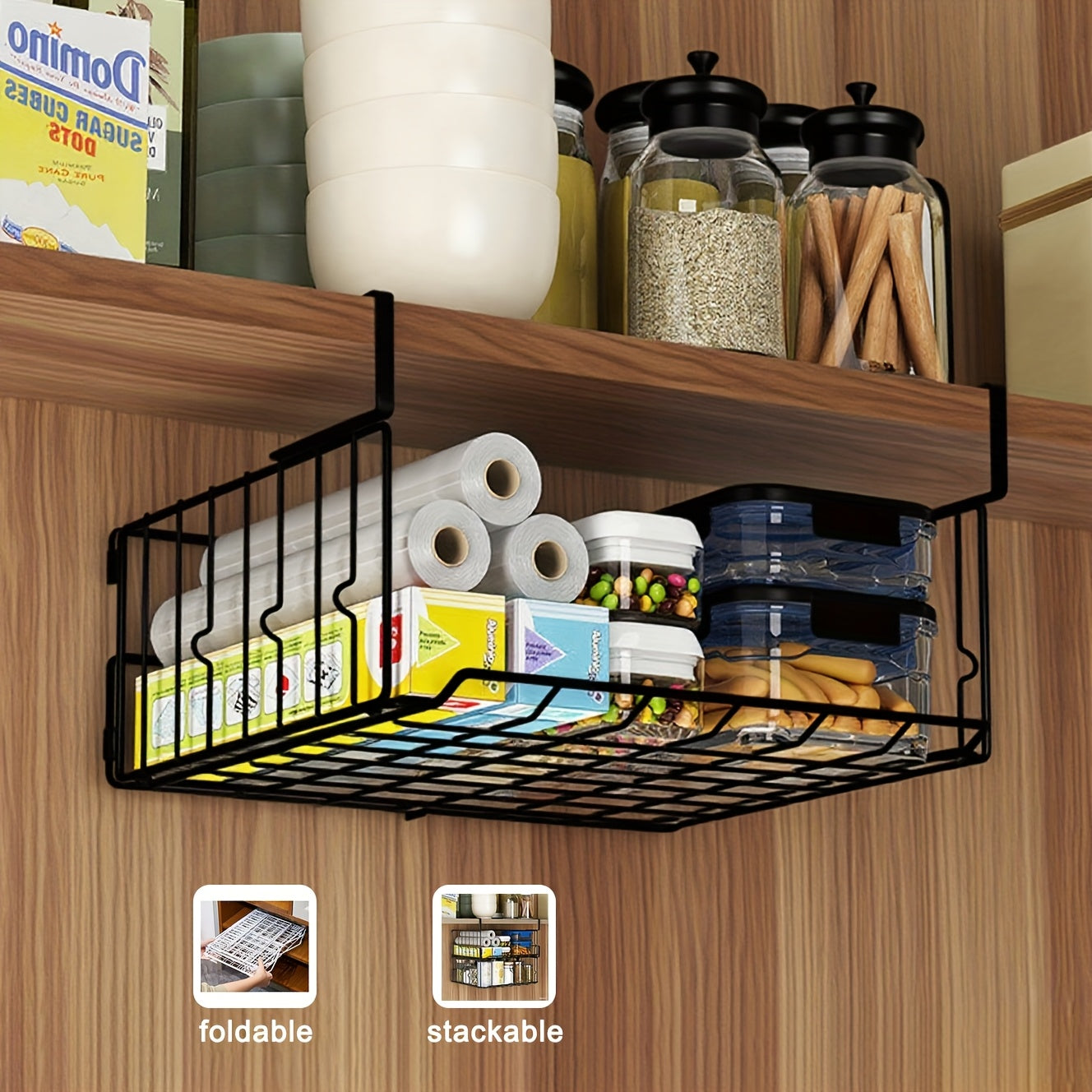Hanging & Wall-Mounted Foldable Storage Basket - Waterproof Rust-Resistant Organizer for Kitchen, Laundry, Pantry, Desk & Under Cabinet Shelves - Collapsible Metal Black
