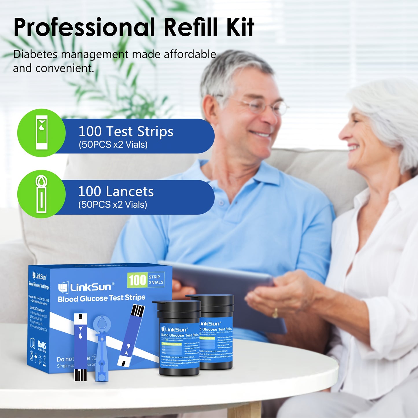 [100/50 Pc] Linksun Blood Glucose Monitoring System | 100 Strips & Lancet Kit | Large Display & 448 Memory Records