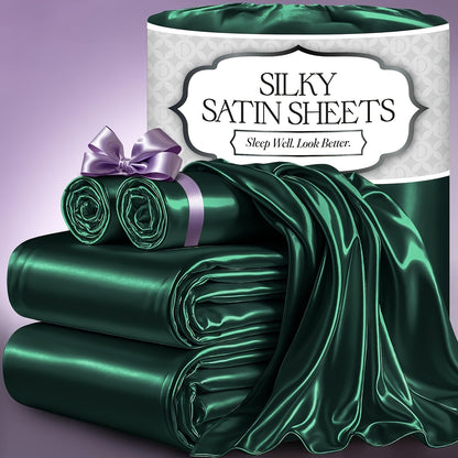 4pcs Satin Cooling Sheet Set - Cooling, Silky, Lightweight & Breathable Microfiber - Deep Pocket Fitted Sheet + Flat Sheet & 2 Pillowcases - Summer Satin Bed Sheets