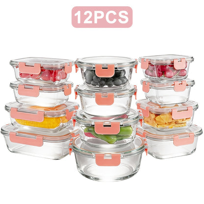 Set of 12 Durable Glass Containers with Lids for Food Storage, Ideal for Meal Prep And Pantry Organization. These Leak-Proof, Airtight Bento Boxes Are Suitable for Use in Microwaves, Ovens, Freezers, And Dishwashers