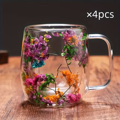 4pcs Double-Wall Glass Coffee Cups with Handle - Leakproof Suitable for Tea, Cappuccino, Latte, Dried Flower Design Thermal Mugs, Transparent Cups for, Office, Parties, Holiday Gifts (Hand Wash Only)