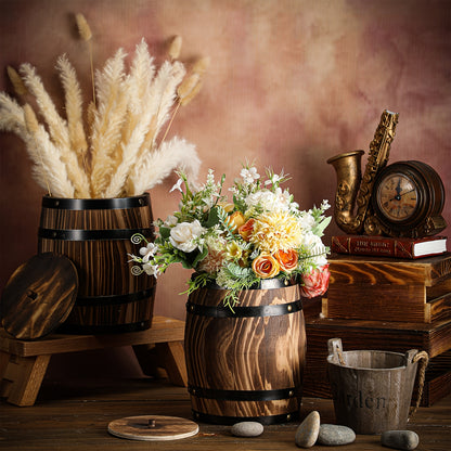 Wooden Barrel Vases Set of 2 for Rustic Wedding Centerpieces & Vintage Floral Arrangements - 8x6.5 Inch Wood Barrel Flower Vase for Farmhouse Table Decor, Indoor Outdoor Garden & Home Decoration