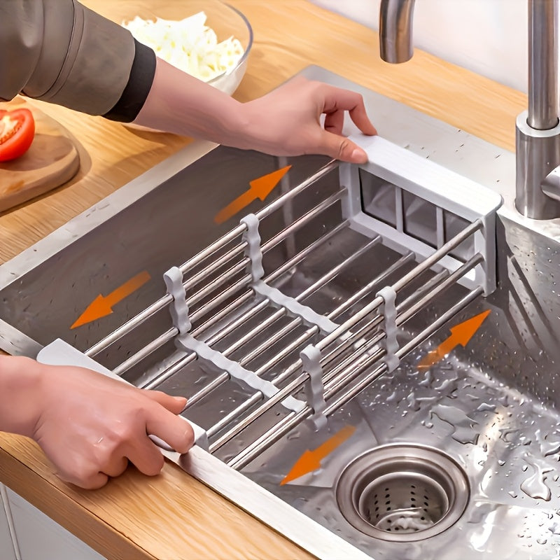 Stainless Steel Adjustable Sink Storage Rack - Extended Dish Rack with Drainless Design, Space Saving Modern Kitchen Storage, Adjustable Height And Retractable Width, Dish Drying Rack for Countertops, Durable And Easy to Clean Surface