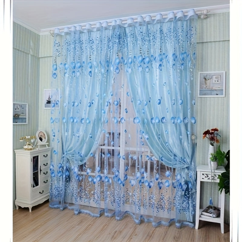 2 Panels Set Tulip Curtains For Living Room 79 Inch Length Elegant Spring Flower Printed Window Curtain Sheer Curtains Chiffon Drapes For Living Room, Bedroom, Balcony - Rod Pocket Top